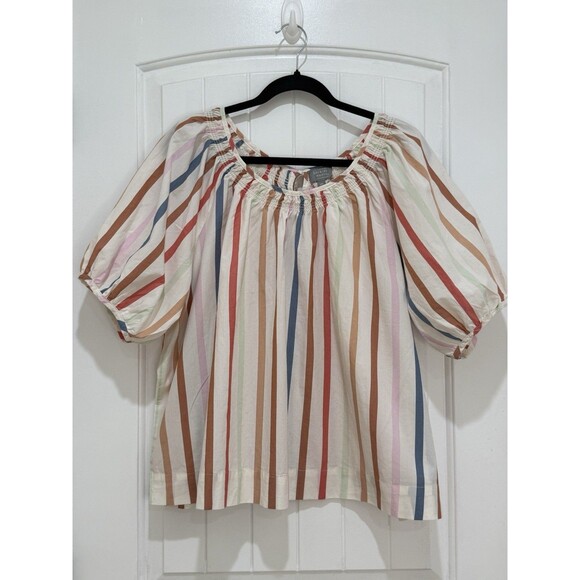 Berkley Jensen Striped Smocked Neck  Blouse Puff Sleeve Relaxed Cropped Sz XXL a - Picture 1 of 7